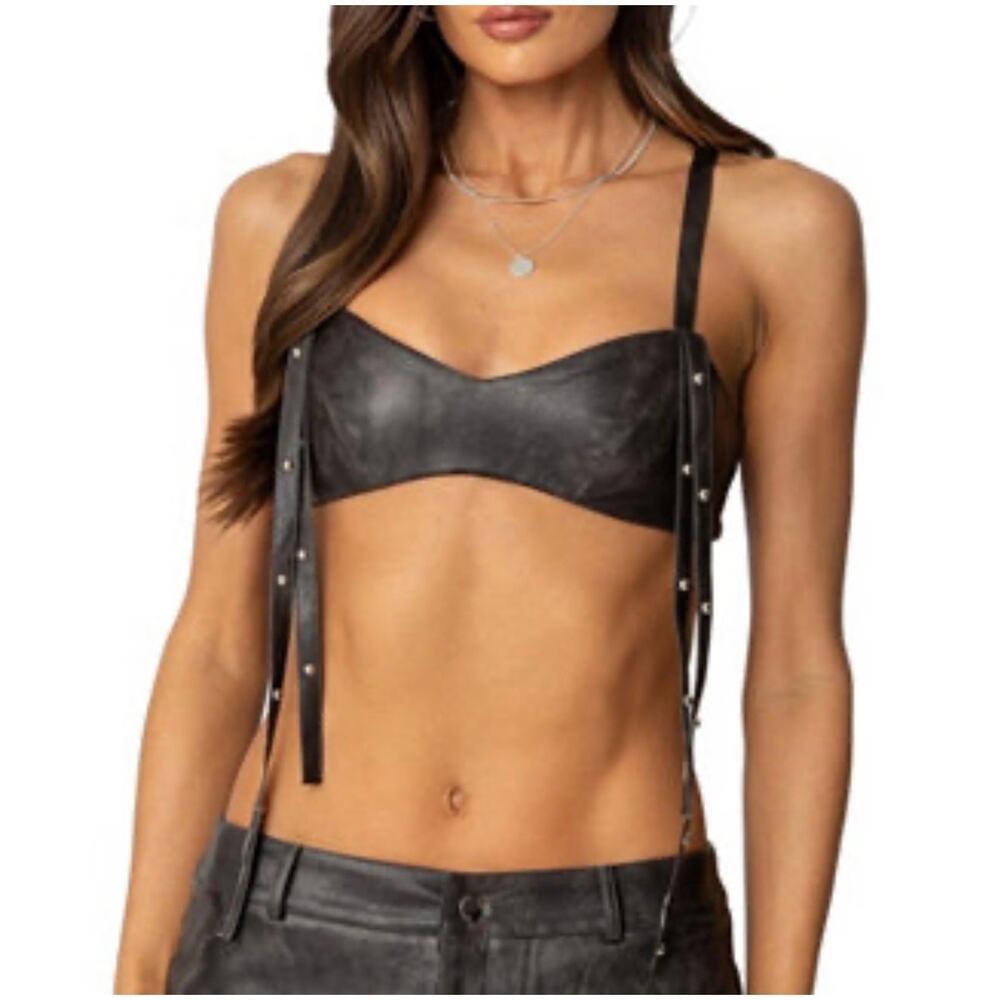 Edikted Sadaf Faux Leather Bra Top Sz. XS chocolate brown NWT